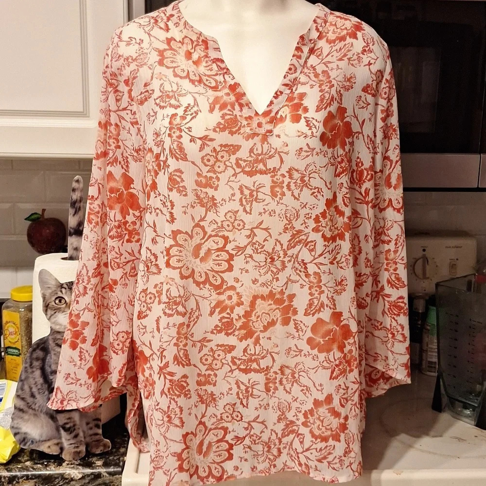 Womens Susan Graver casual long sleeve red plus size blouse 1X EUC